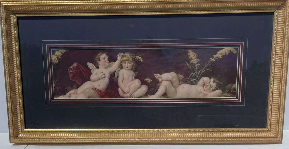 The Favorite by V. Tojetti 1900 Cherub Print Art Nouveau DistressedFrame 22 x 6"